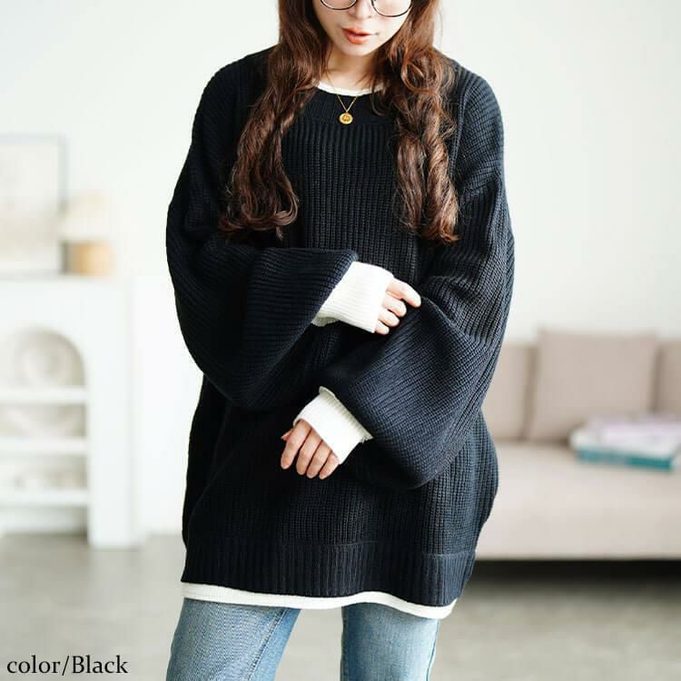 大きいサイズ レディース 配色切り替え畦編みニットチュニック maru