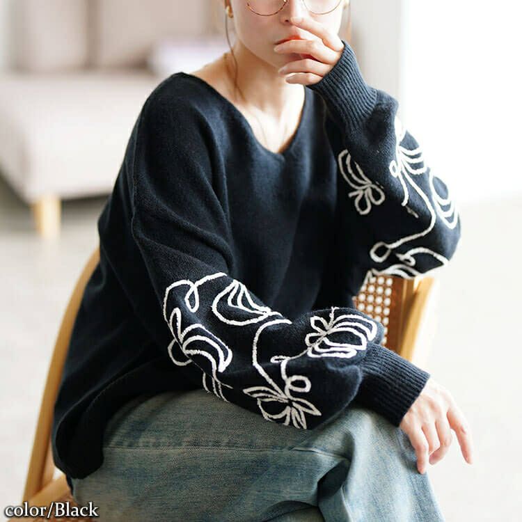 大きいサイズ レディース 刺繍ボリュームスリーブクロップドニット　maru-20018