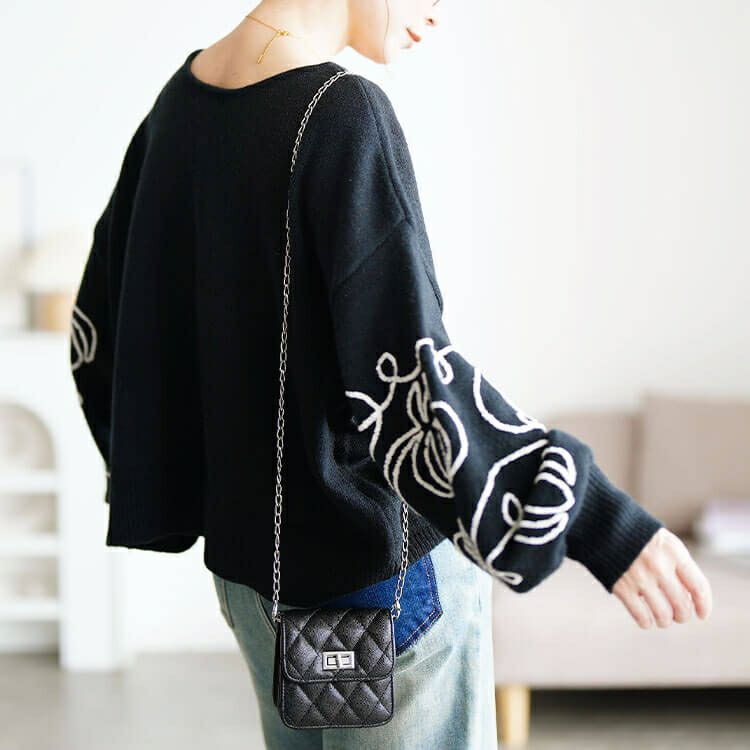 大きいサイズ レディース 刺繍ボリュームスリーブクロップドニット　maru-20018