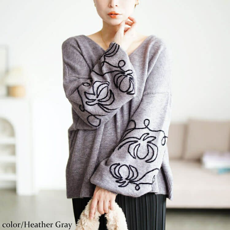 大きいサイズ レディース 刺繍ボリュームスリーブクロップドニット　maru-20018