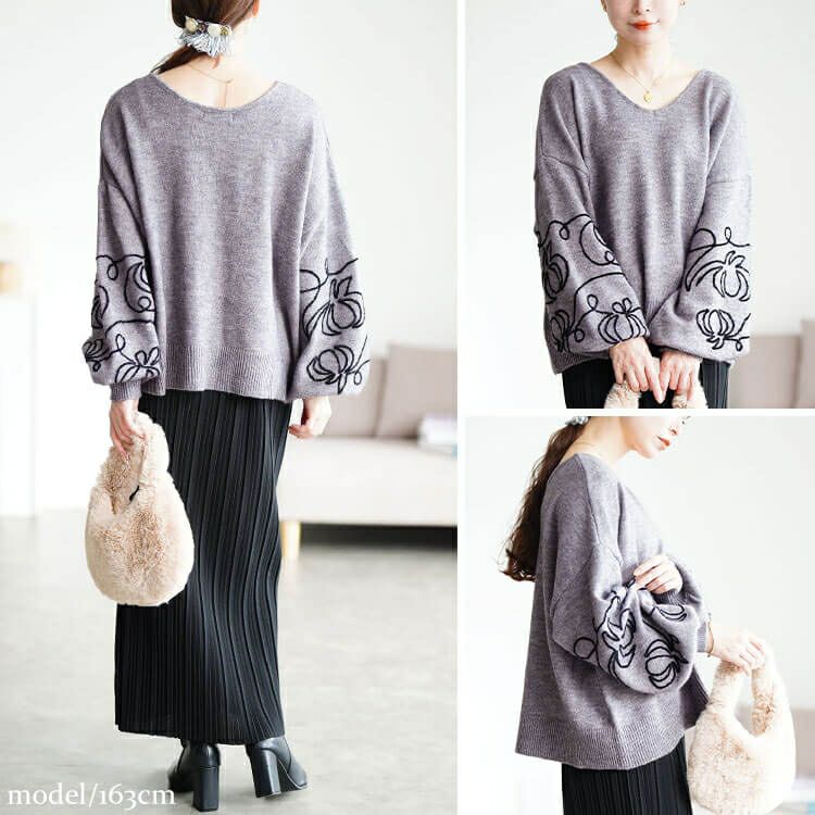 大きいサイズ レディース 刺繍ボリュームスリーブクロップドニット　maru-20018