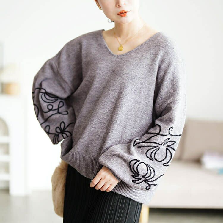大きいサイズ レディース 刺繍ボリュームスリーブクロップドニット　maru-20018