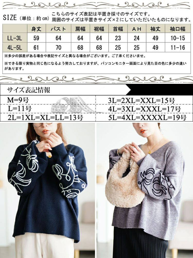大きいサイズ レディース 刺繍ボリュームスリーブクロップドニット　maru-20018