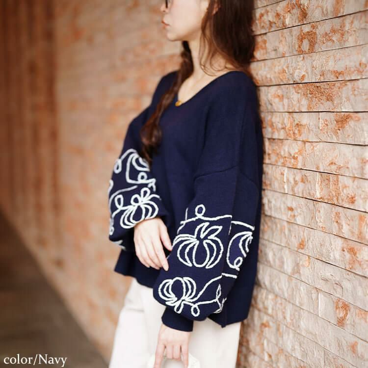 大きいサイズ レディース 刺繍ボリュームスリーブクロップドニット　maru-20018 ネイビー