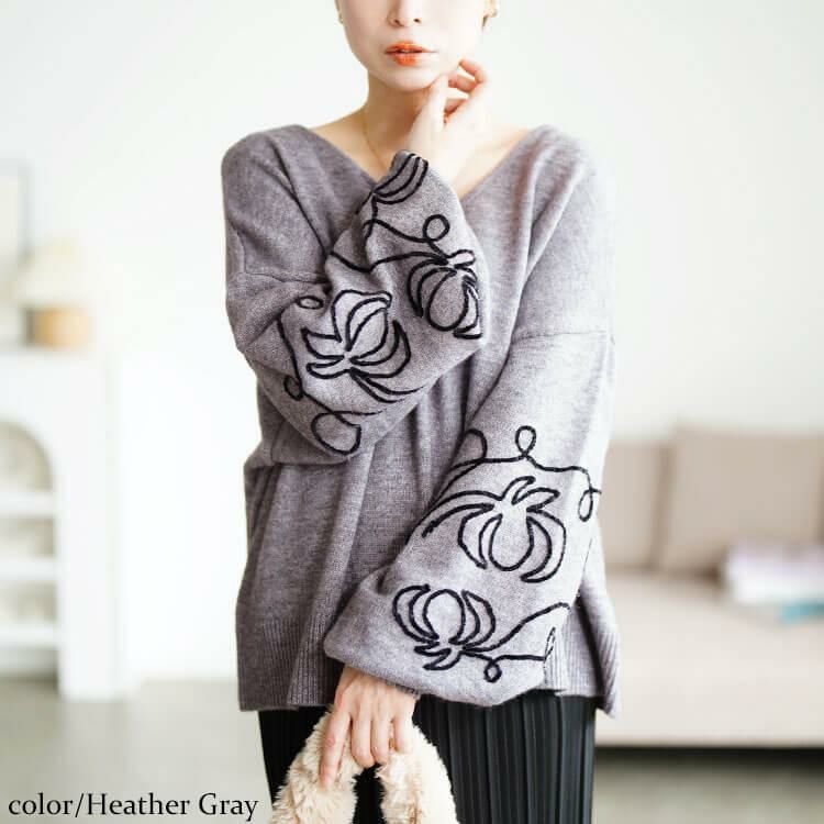 大きいサイズ レディース 刺繍ボリュームスリーブクロップドニット　maru-20018 杢グレー