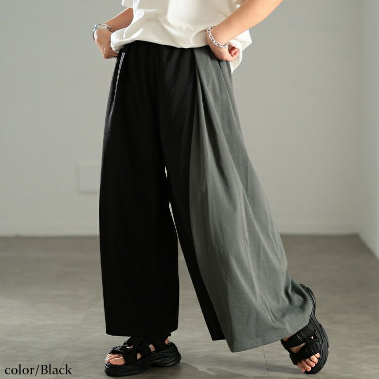 大きいサイズ レディース バイカラーアシンメトリーワイドパンツ　sw-0840