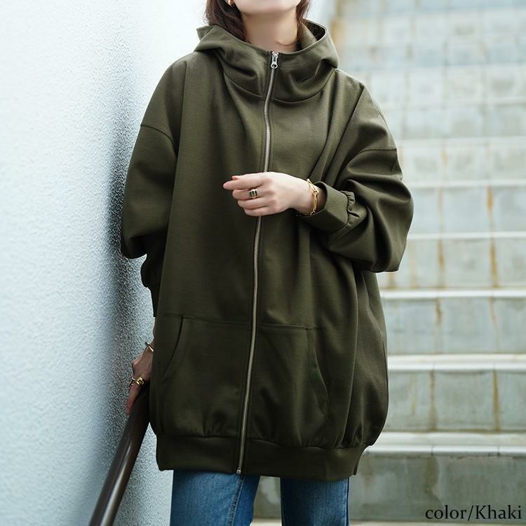 大きいサイズ レディース ビッグフードジップパーカー　sw-0835 カーキ