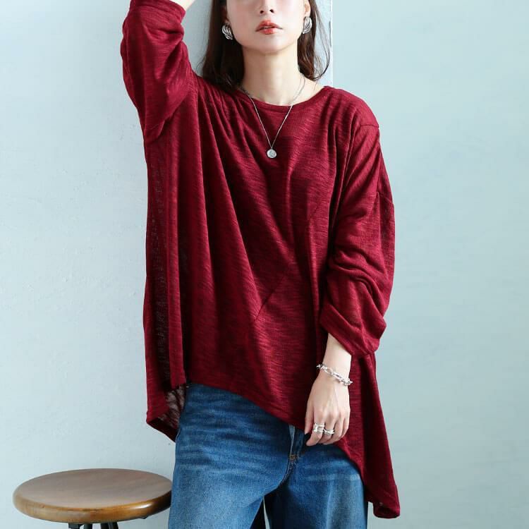 大きいサイズ レディース 斜め切り替えオーバーサイズニットソーチュニック　sw-0829 【メール便可】 レッド