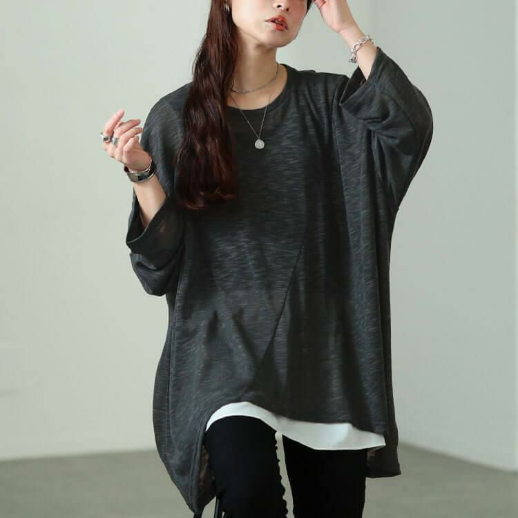 大きいサイズ レディース 斜め切り替えオーバーサイズニットソーチュニック　sw-0829 【メール便可】 チャコール