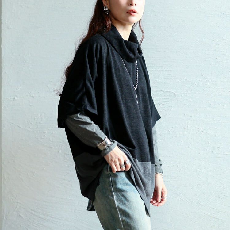 大きいサイズ レディース 静電気防止オフタートル配色切り替えドルマン＆ロンT2点セット　cast-5558008