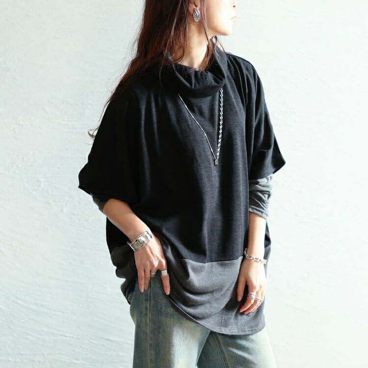 大きいサイズ レディース 静電気防止オフタートル配色切り替えドルマン＆ロンT2点セット　cast-5558008