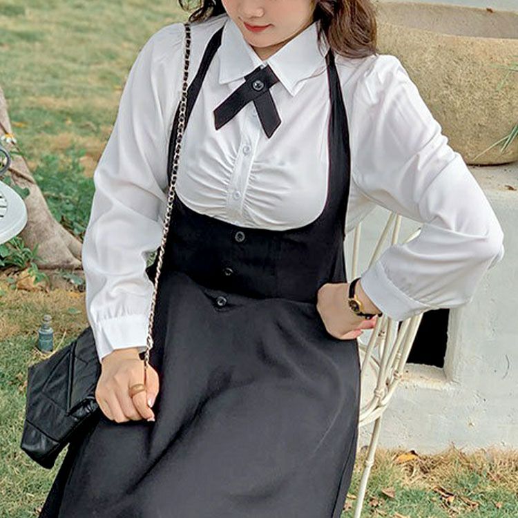 大きいサイズ レディース タックブラウス＆首掛けフレアスカートセットアップ　goldy-1748