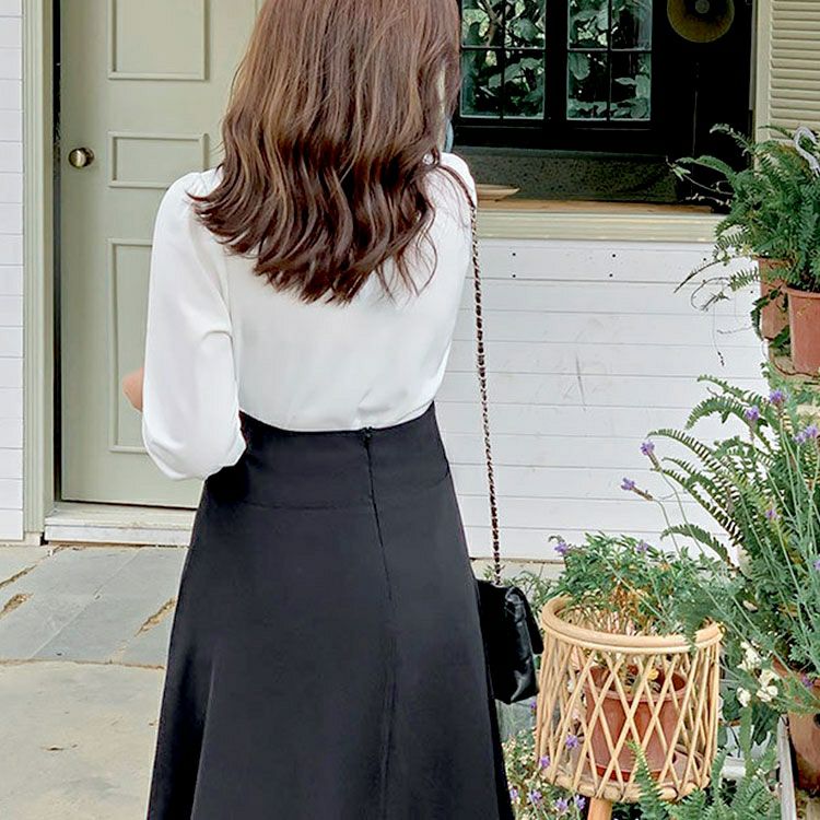 大きいサイズ レディース タックブラウス＆首掛けフレアスカートセットアップ　goldy-1748