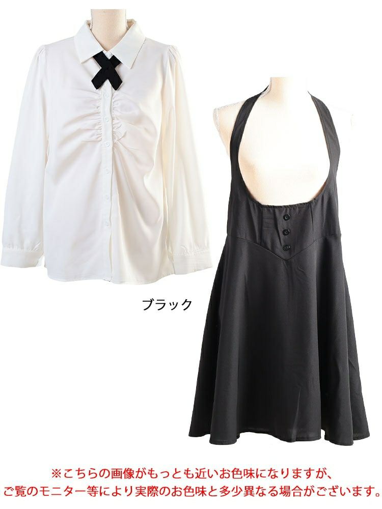 大きいサイズ レディース タックブラウス＆首掛けフレアスカートセットアップ　goldy-1748