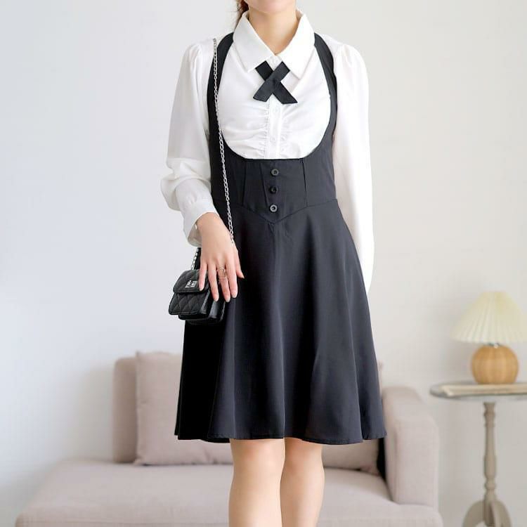 大きいサイズ レディース タックブラウス＆首掛けフレアスカートセットアップ　goldy-1748 ブラック