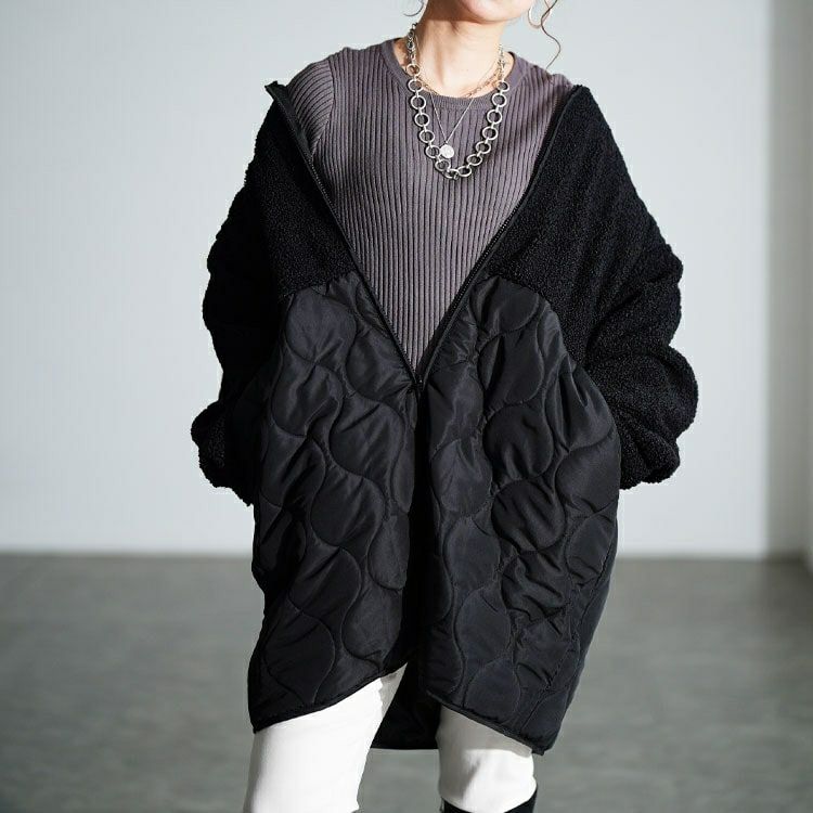 大きいサイズ レディース ボア切り替えキルティングノーカラーコート　tog-1039