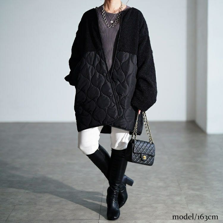大きいサイズ レディース ボア切り替えキルティングノーカラーコート　tog-1039