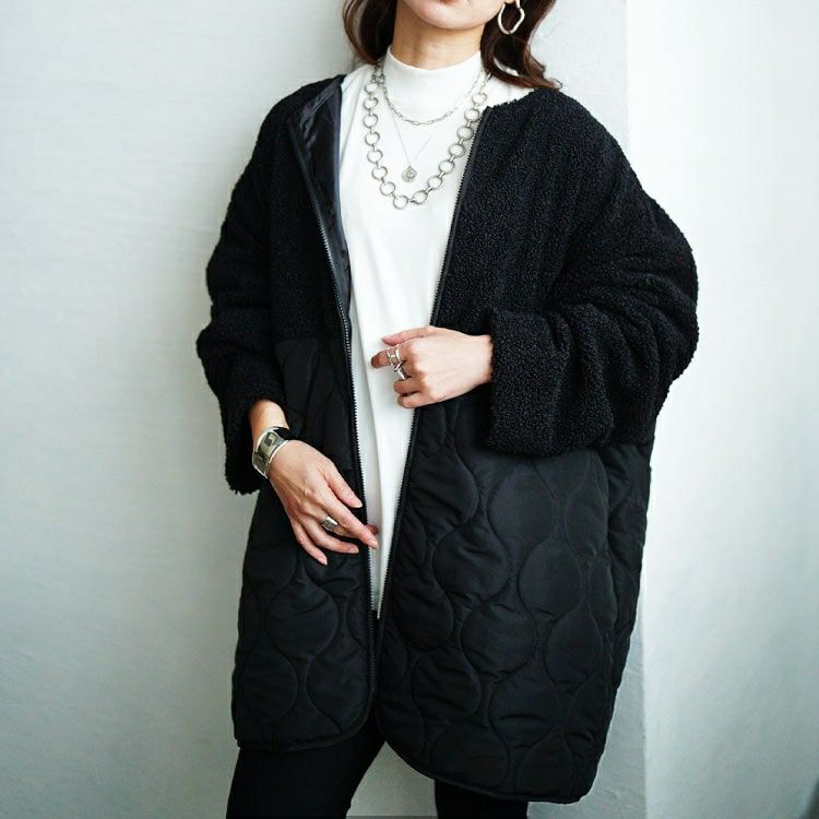 大きいサイズ レディース ボア切り替えキルティングノーカラーコート　tog-1039