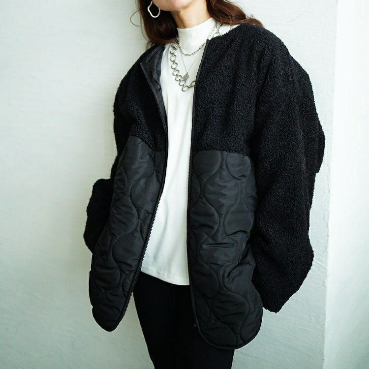 大きいサイズ レディース ボア切り替えキルティングノーカラーコート　tog-1039