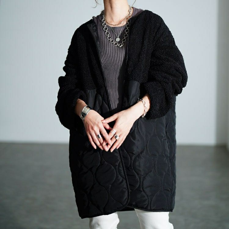 大きいサイズ レディース ボア切り替えキルティングノーカラーコート　tog-1039