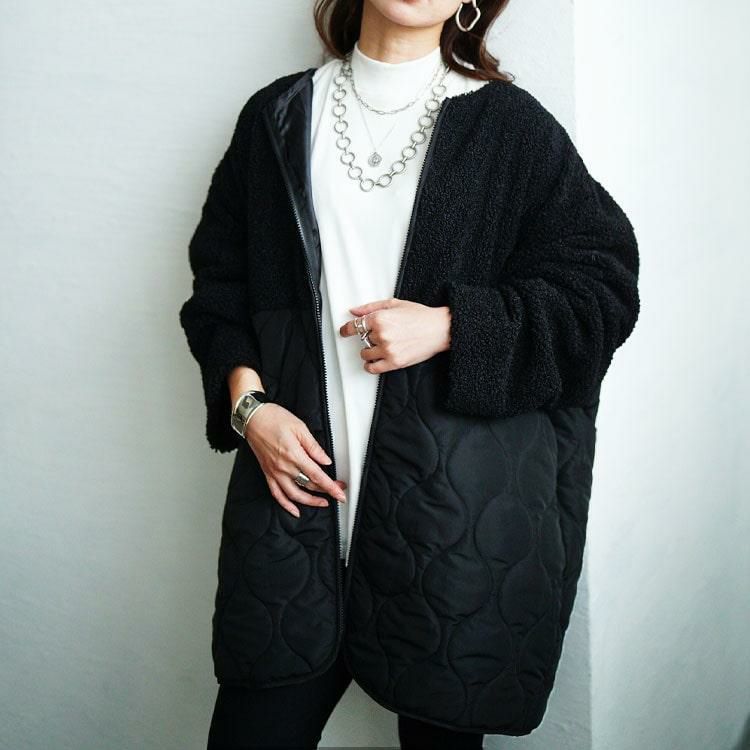 大きいサイズ レディース ボア切り替えキルティングノーカラーコート　tog-1039 ブラック