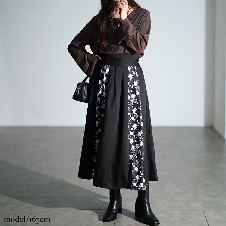 大きいサイズ レディース 花柄切り替えタックフレアスカート　nw-25054 【メール便可】