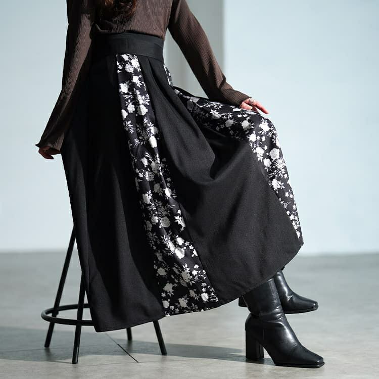 大きいサイズ レディース 花柄切り替えタックフレアスカート　nw-25054 【メール便可】