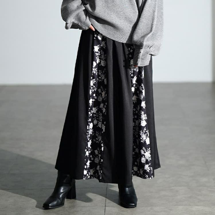 大きいサイズ レディース 花柄切り替えタックフレアスカート　nw-25054 【メール便可】