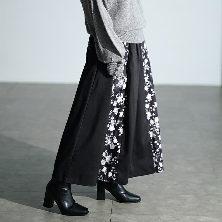 大きいサイズ レディース 花柄切り替えタックフレアスカート　nw-25054 【メール便可】