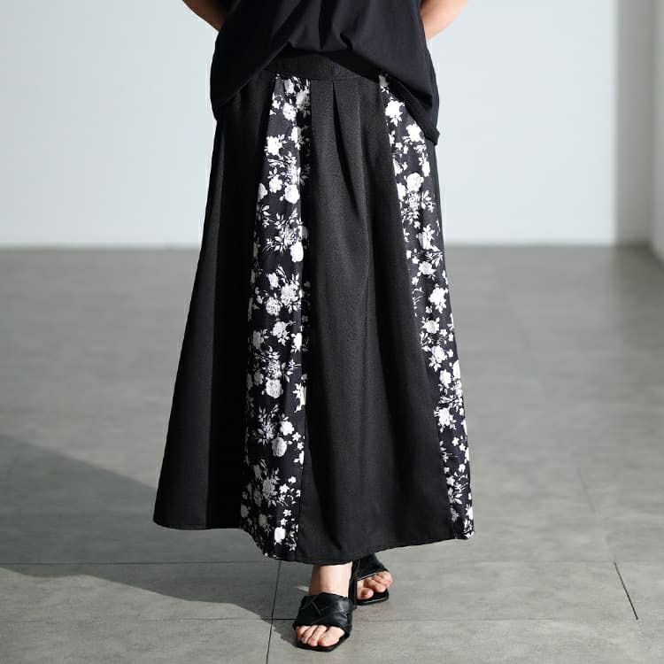 大きいサイズ レディース 花柄切り替えタックフレアスカート　nw-25054 【メール便可】