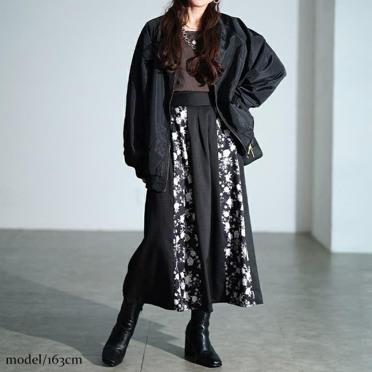 大きいサイズ レディース 花柄切り替えタックフレアスカート　nw-25054 【メール便可】