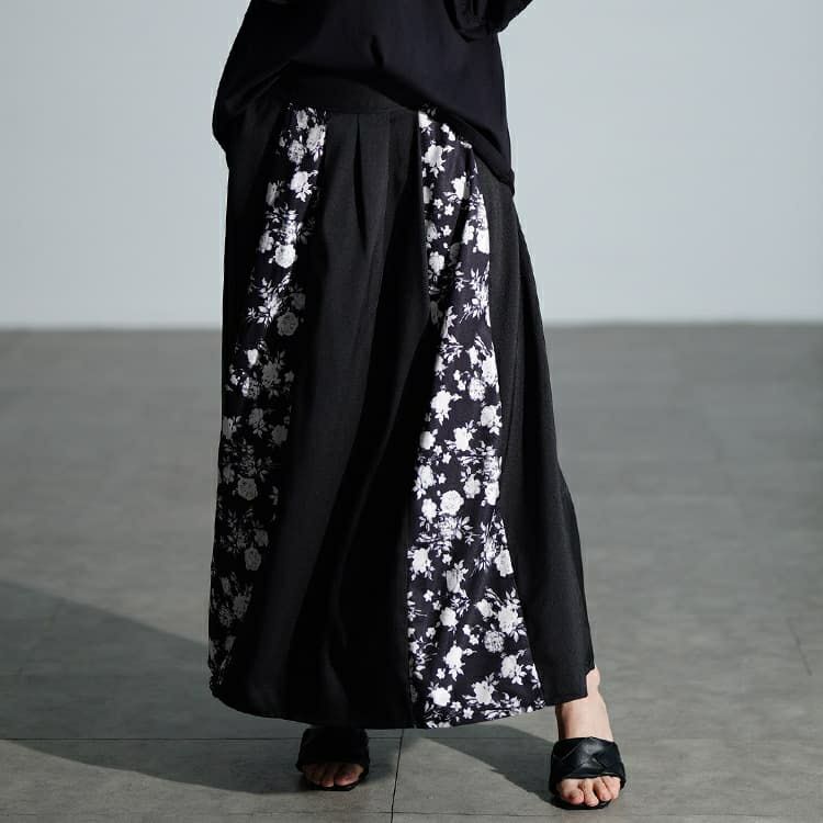 大きいサイズ レディース 花柄切り替えタックフレアスカート　nw-25054 【メール便可】