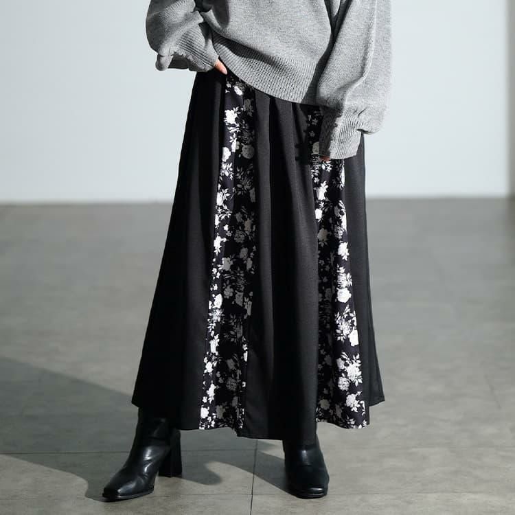 大きいサイズ レディース 花柄切り替えタックフレアスカート　nw-25054 【メール便可】 ブラック