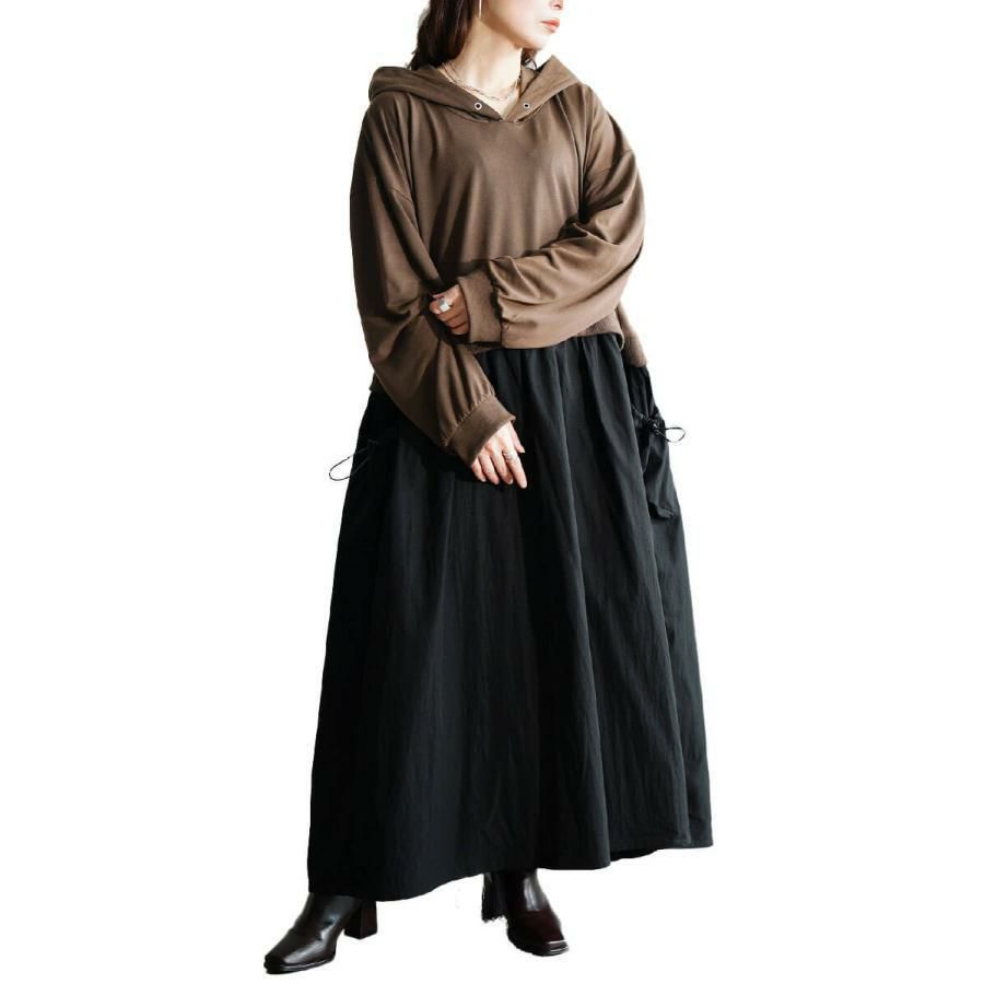 大きいサイズ レディース ドロストポケットパーカードッキングワンピース　nw-25046 ブラウン