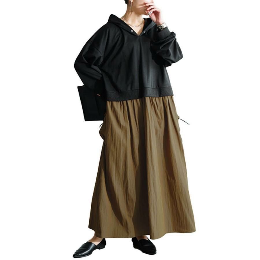 大きいサイズ レディース ドロストポケットパーカードッキングワンピース　nw-25046 モカグレー