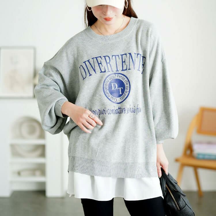 大きいサイズ レディース ロゴプリントハイゲージニット　sum-0023 ライトグレー