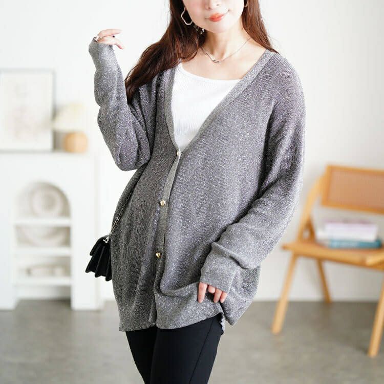 大きいサイズ レディース ハートボタンラメニットカーディガン　sum-0022