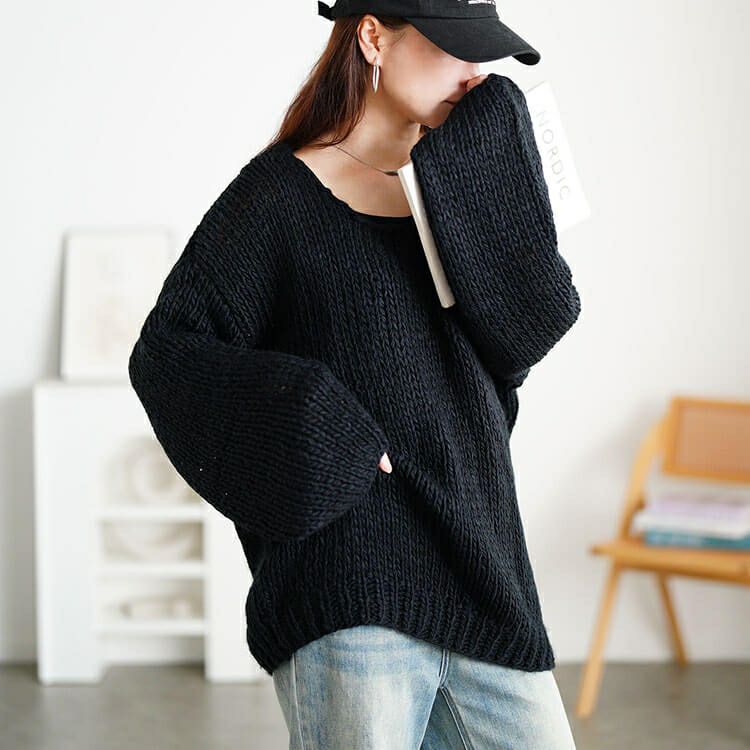 大きいサイズ レディース ラウンドネックローゲージニット　sum-0019