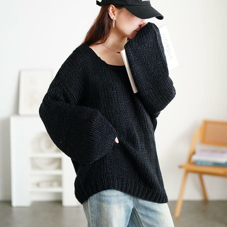 大きいサイズ レディース ラウンドネックローゲージニット　sum-0019 ブラック
