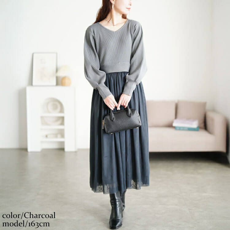 大きいサイズ レディース リブニットドッキングチュールワンピース　sum-0017