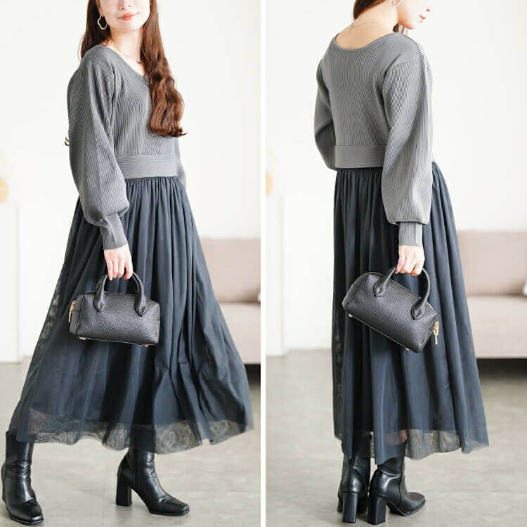 大きいサイズ レディース リブニットドッキングチュールワンピース　sum-0017