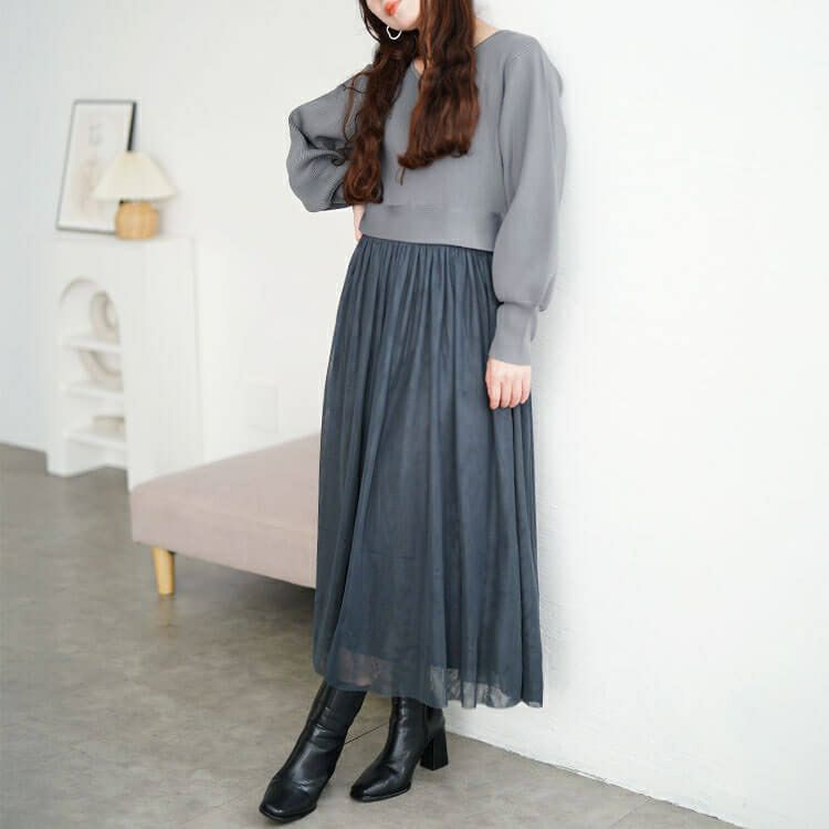 大きいサイズ レディース リブニットドッキングチュールワンピース　sum-0017