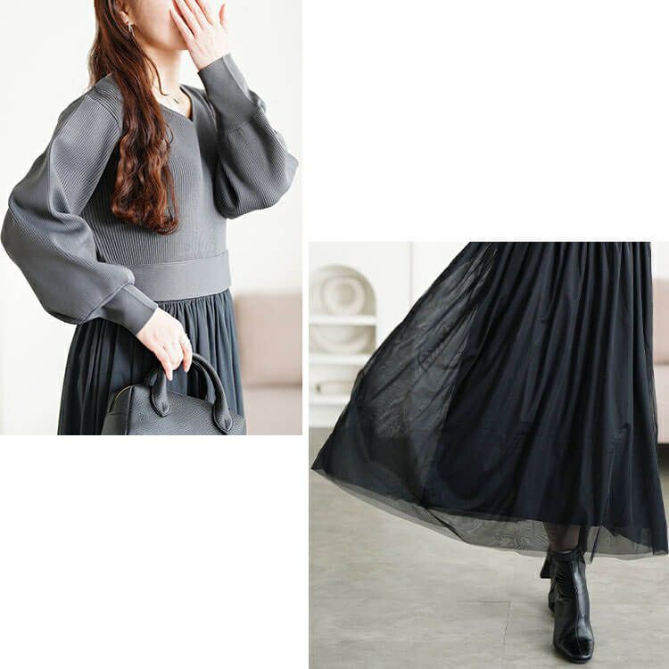 大きいサイズ レディース リブニットドッキングチュールワンピース　sum-0017