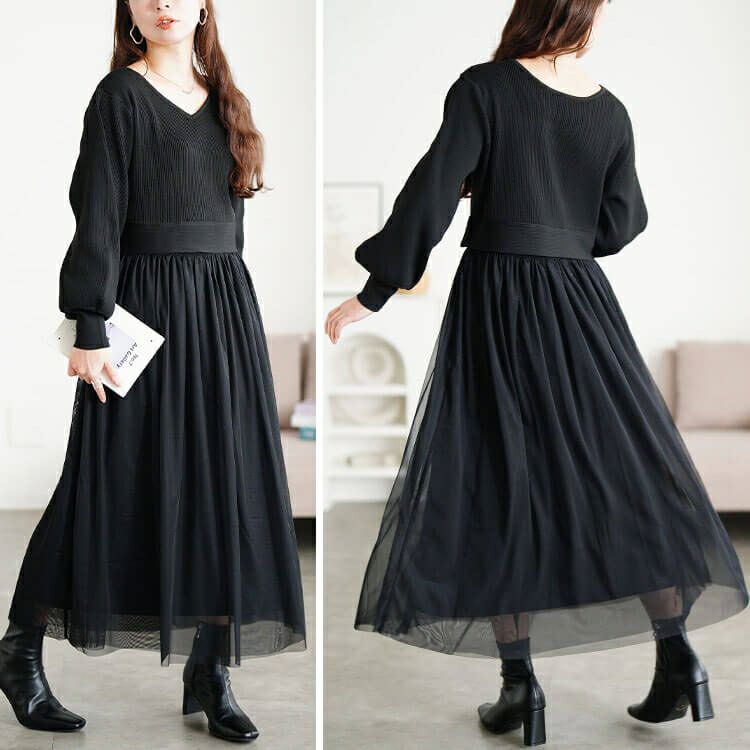 大きいサイズ レディース リブニットドッキングチュールワンピース　sum-0017