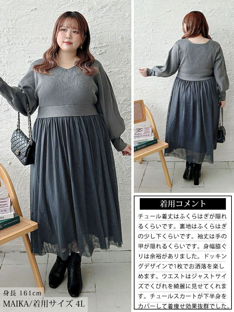 大きいサイズ レディース リブニットドッキングチュールワンピース　sum-0017