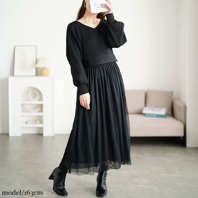 大きいサイズ レディース リブニットドッキングチュールワンピース　sum-0017 ブラック