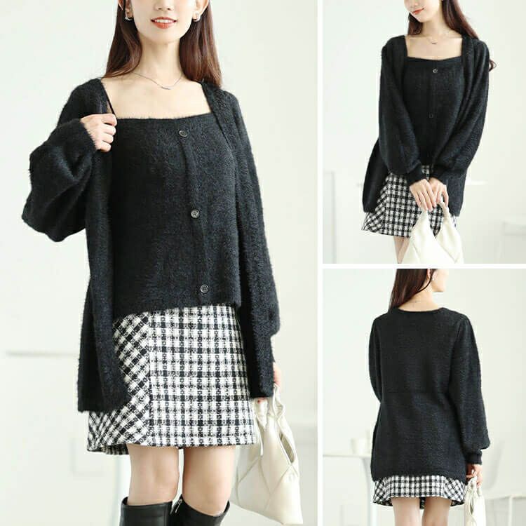 大きいサイズ レディース カーディガン重ね着風シャギーニット　sum-0016