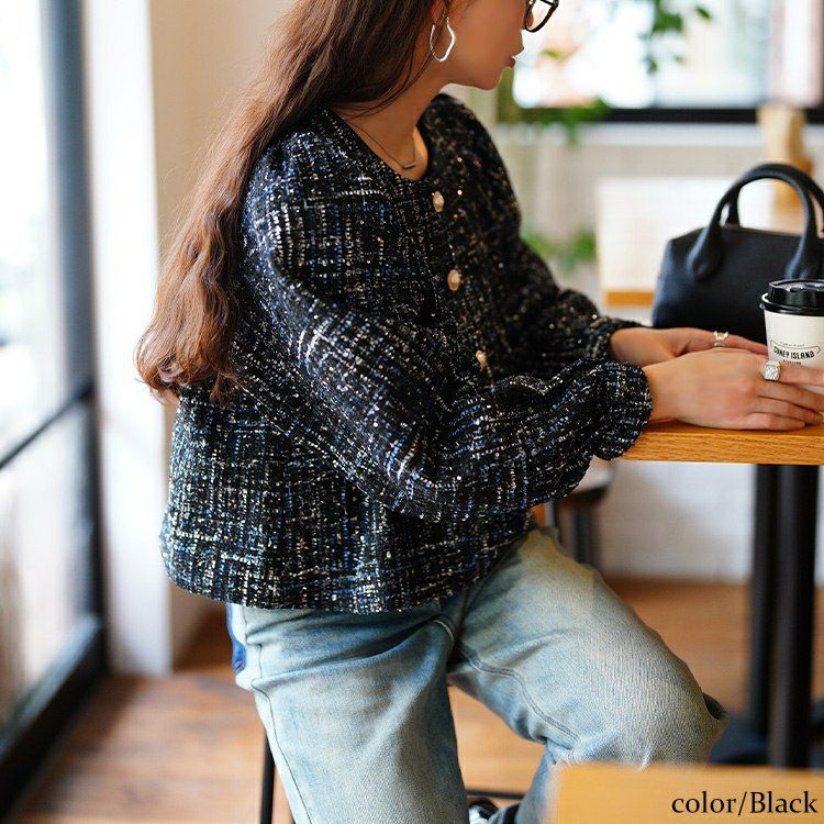 大きいサイズ レディース ラメツイードクロップドジャケット　maru-30202