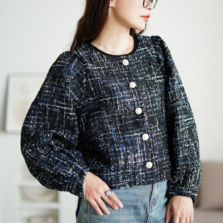 大きいサイズ レディース ラメツイードクロップドジャケット　maru-30202