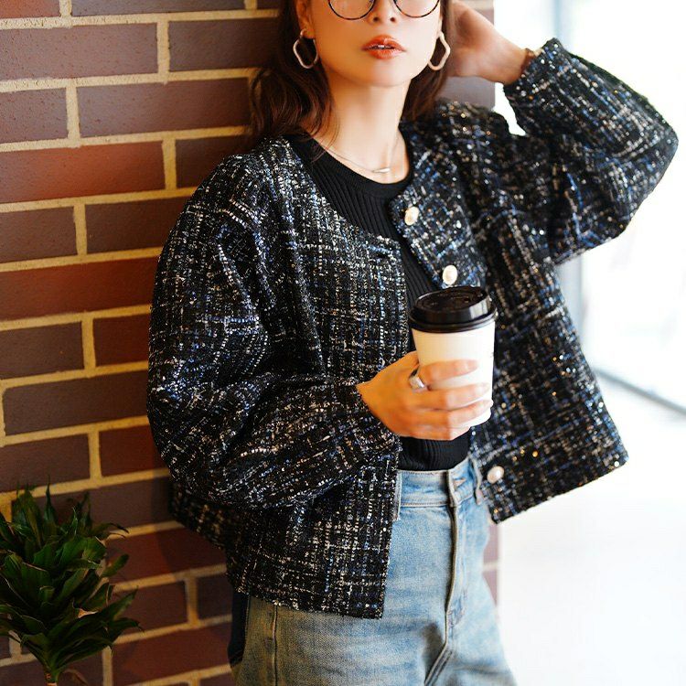 大きいサイズ レディース ラメツイードクロップドジャケット　maru-30202